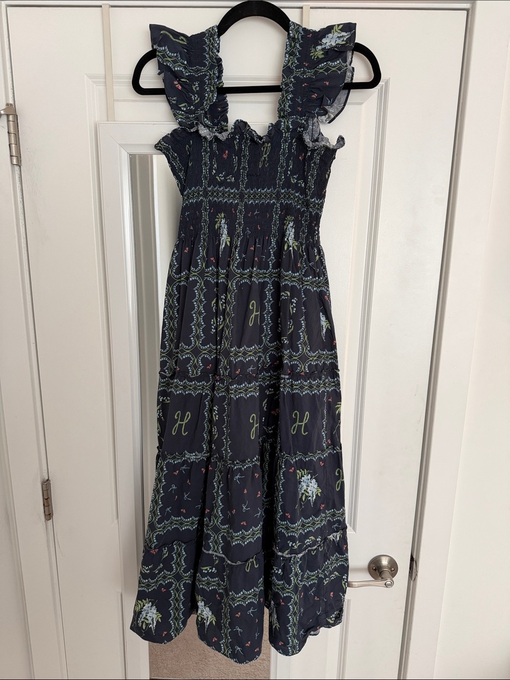 Hill House Navy Ruffle-Shoulder Maxi Dress with Subtle Print